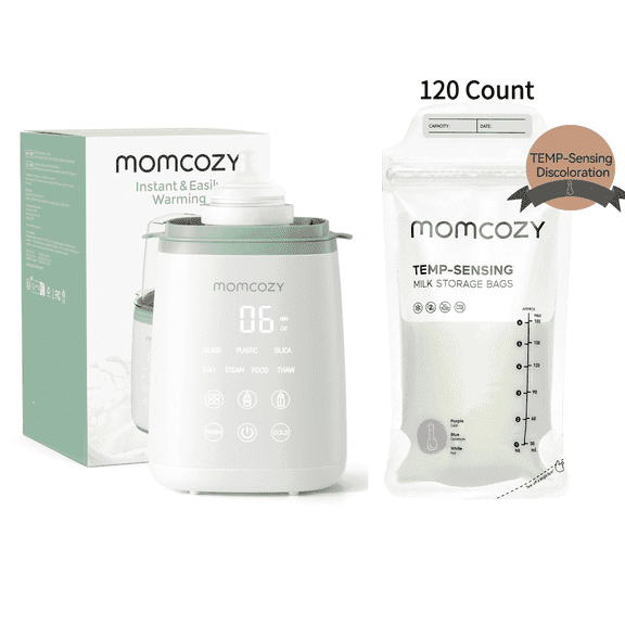 Momcozy Baby Bottle Warmer , 6-in-1 Smart Temperature Control, Fast Baby Food Heater, Steam Sterilizer & Momcozy Breastmilk Storage Bags, Temp-Sensing Discoloration Milk Storage Bags, 180ml/120 Count