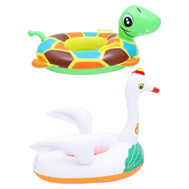 2pcs Baby Swimming Ring Summer Float Seat Animal Design Baby Inflatable Pool Toy. The image shows two inflatable baby pool floats made of PVC material. One is a turtle-shaped float with a green head and a colourful shell design, while the other is a swan-shaped float with white wings and an orange base. Both floats feature thickened, inflatable seat cushions for comfort and two handles for added security. Designed for safe water play, these floats are leak-proof and easy to inflate or deflate.