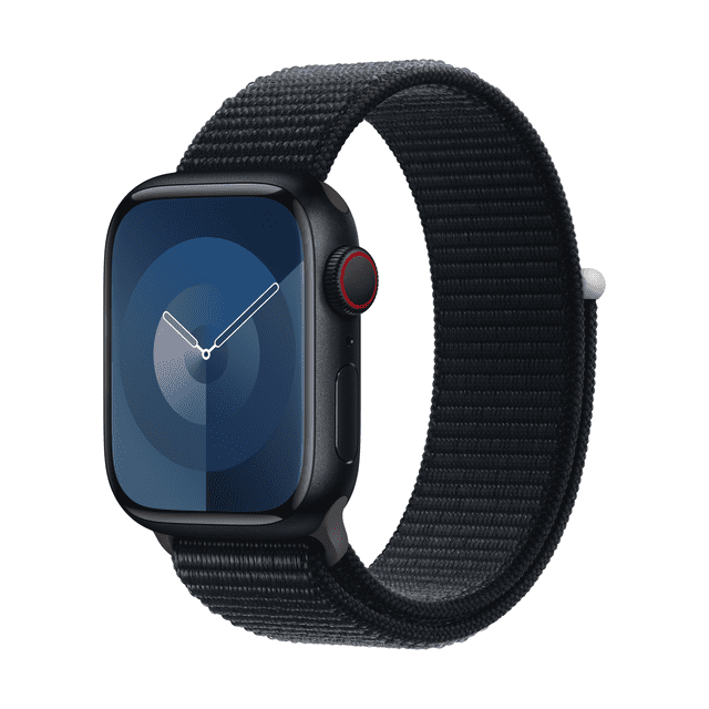 Apple Watch Series 9 GPS + Cellular 41mm Silver Aluminium Case with Winter Blue Sport Loop in a front 3/4 view showing a woven winter blue sport loop band and a dark watch face with white analog hands, featuring a silver aluminium case and red-accented digital crown.