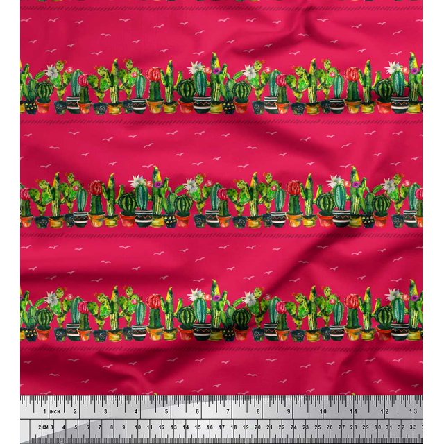 Soimoi Pink Cotton Poplin Fabric Cactus With Conical Pot Tree Print Sewing Fabric Yard 58 Inch Wide