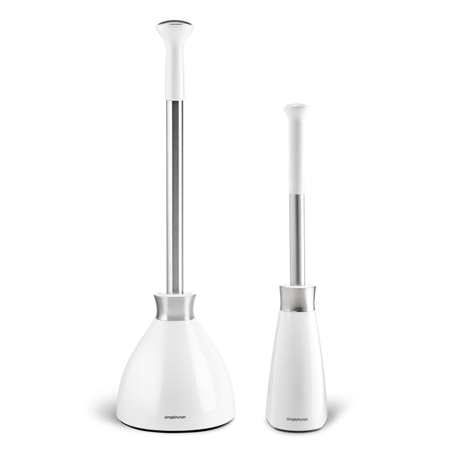 Simplehuman Plunger and Toilet Brush Bundle in white, featuring a drip-free design with magnetic collars that secure the covers to the stainless steel rods. The plunger has a narrow flange for efficient use with modern toilets, while the crescent-shaped brush head reaches hard-to-clean areas. Both tools are stored in slim, dome-shaped covers for hygiene and discreet storage.