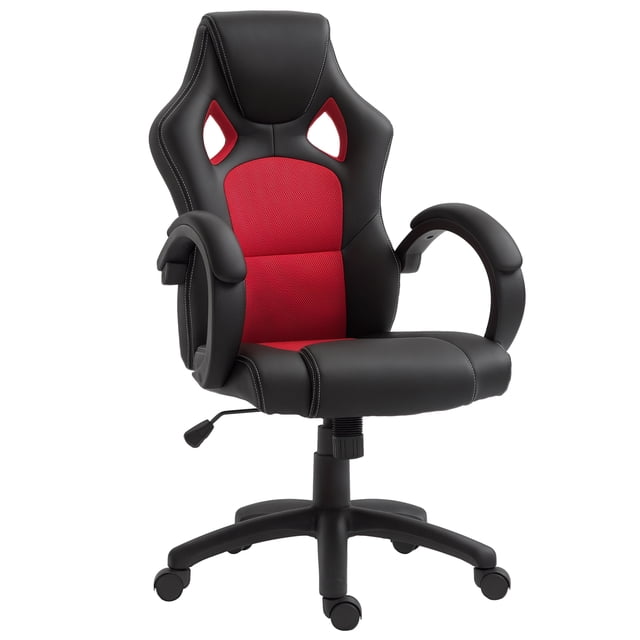 HOMCOM Chaise de Bureau Chaise d'Ordinateur Style Voiture de Course avec Similicuir Noir et accents en Maille Rouge, Conçue pour le Jeu et le Bureau. Dotée d'Un Dossier Ergonomique Haut, d'Un Appui-Tête Rembourré, d'Accoudoirs et d'Un Siège pour le Confort. Hauteur Réglable, Mécanisme d'Inclinaison et base Pivotante à 360 Degrés avec Cinq Roulettes à Roulement Fluide. Idéale pour des Séances de Jeu Prolongées Ou des Heures de Travail Productives.