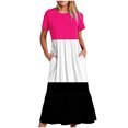 thumbnail image 1 of Tumotour Robe d'Été pour Femmes, Imprimée, Ample, Décontractée, à Manches Courtes, Col Ras du Cou, Ligne A, Évasée, Fluide, à Étages, Chemise, Maxi, Plage, Longue, 2025, Tenues Tendance avec Poches, 1 of 4