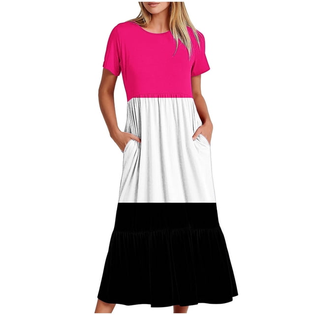 Tumotour Robe d'Été pour Femmes, Imprimée, Ample, Décontractée, à Manches Courtes, Col Ras du Cou, Ligne A, Évasée, Fluide, à Étages, Chemise, Maxi, Plage, Longue, 2025, Tenues Tendance avec Poches