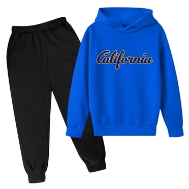 PMVFHDE Ensemble Survêtement à Capuchon et Pantalon de Jogging pour Tout-Petits Garçons Filles - Imprimé de Lettres Printemps/automne Tenue de Sport Décontractée, Chandail à Manches Longues à Enfiler avec Poches, Tenue Coupe Confortable Bleu-A,7-8 Ans