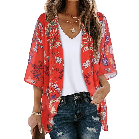 lcziwo 2024 Hauts Kimono pour Femmes Cardigan Kimono en Chiffon d'Été pour Femmes Décontracté Élégant Manches 3/4 Blouse Ouverte Hauts Ample Léger Couvre-Maillot de Plage Orange P