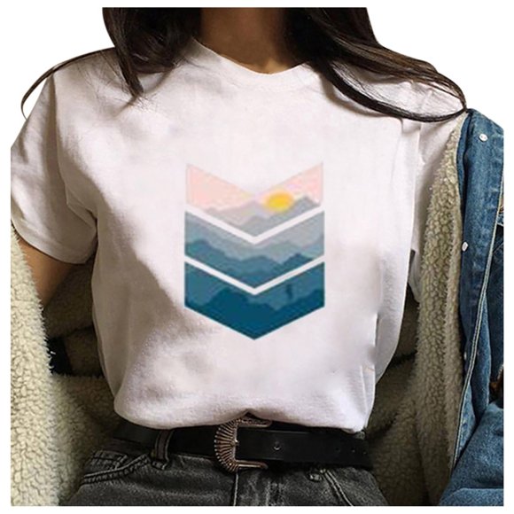 Birdeem Womens Fashion Geometric Graphic Print Harajuku Female Round Neck Loose T-Shirt