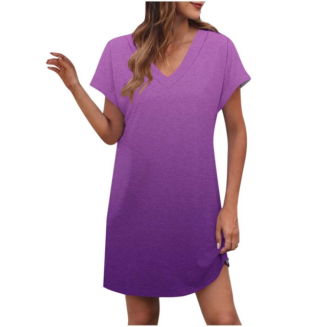 LOVZFMLL Robes d'Été pour Femmes T-Shirt Décontracté Ample Robe Droite Col en V Manches Courtes Basique Tenues Quotidiennes Violet B TG