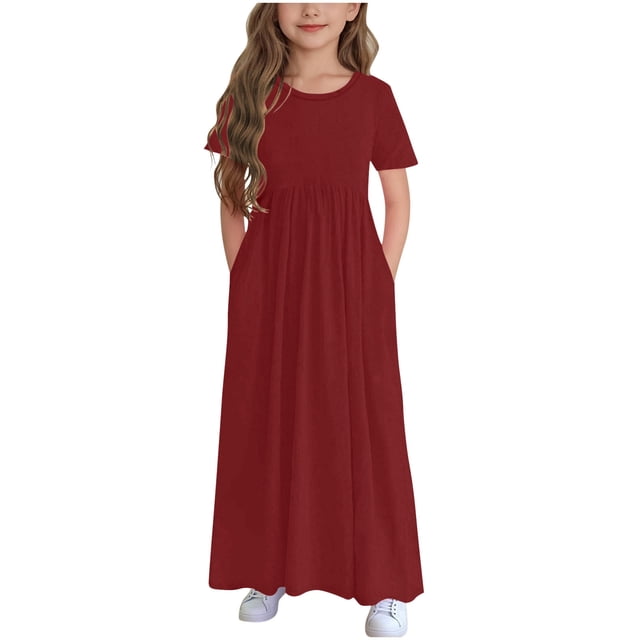 Bwiyojiz Fashion Sizes 120-170 Children's Solid Color Short Sleeve Ruffled Pockets Round-Neck Printed Dress for Kids, Red