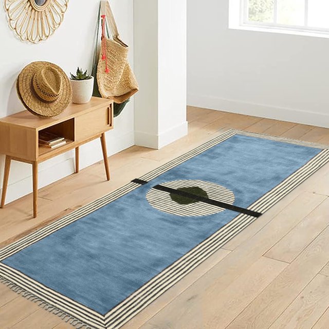 Casavani - 4'x6' Blue Block Printed Cotton Area Rugs for Living Room Outdoor Patio Rugs