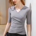 thumbnail image 2 of Wrap Tops for Women Ruched V Neck Slim Fitted Half Sleeve Business Casual Work T Shirts Blouse, 2 of 3