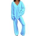thumbnail image 1 of LUXUR Ladies Polar Fleece Two Piece Outfit Thick Sports Sleepwear Set Light Blue L, 1 of 2