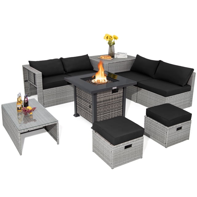 Patiojoy 9 Pieces Outdoor Patio Furniture Set with 32-Inch Propane Fire Pit Table Outdoor PE Wicker Space-Saving Sectional Sofa Set with Storage Box and Cushions Black