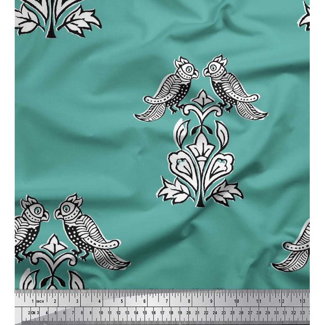 Soimoi Poly Georgette Fabric Leaves,Bird & Floral Block Print Sewing Fabric Yard 42 Inch Wide