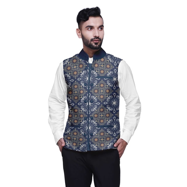 Atasi Damask Printed Wedding Jackets For Men Nehru Jacket Waist Coat For Wedding & Festive Season-X-Large