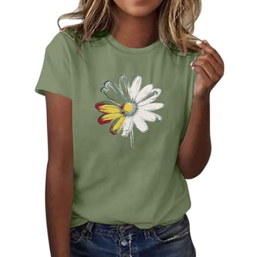 Women's Daisy Graphic Tee Shirt Cute Floral Print T Shirt Short Sleeve Casual Crewneck Summer Loose Fit Tops
