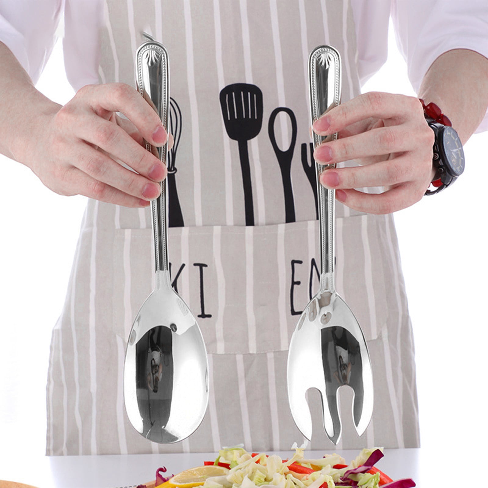 EGNMCR Kitchen Gadgets, Kitchen Accessories Long Handle Stainless Steel Salad Spoon Fork Salad Spoon Fork Western Two Piece Utility Fork Spoon Set Stainless Steel Salad Spoon and Fork