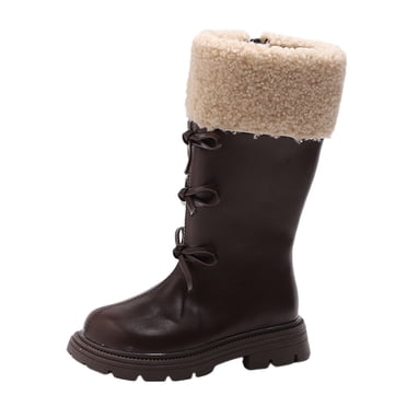 Gubotare Girls Knee High Boots Boys Girls Knee-High Boots Leather Lace-Up Winter Boots Side Zipper Mid Calf Combat Riding Boots Size 3.5 (Brown,Big Kids 3.5)