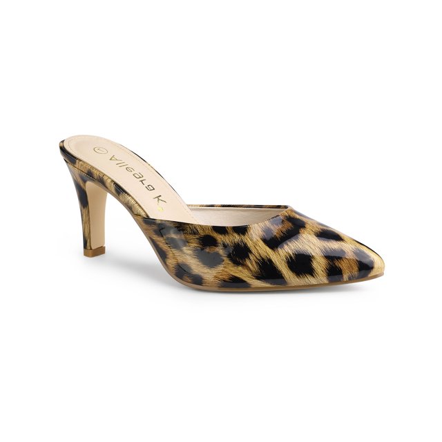 BLISSFUL STEP Women's Pointed Toe Stiletto Heels Slide Mules Leopard (Size 9.5)