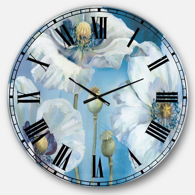 Designart « Fleur Blanche Peinte à la Main sur Fond Bleu II » Horloge Murale de Style Ferme