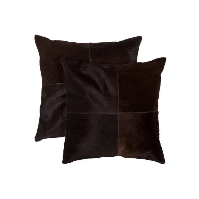 TORINO QUATTRO COWHIDE PILLOW 18"X18" 2-PACK includes two dark brown cowhide pillows with four hand-stitched panels, hidden zipper closure, and polyfil insert, designed for layering and adding natural texture and warmth to home décor.