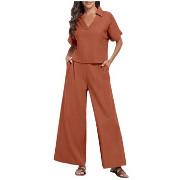 BYHONG Tailleurs d'Été pour Femmes à Col en V Amples à Manches Courtes Blouses Décontractées Ensemble 18 Pcs Tailleurs pour Femmes avec Poches Rouge G