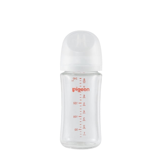 Pigeon - Glass Bottle 8oz (1-Pack) with M Nipple 3M+, featuring a clear glass body with red measurement markings and a white silicone nipple. Designed for babies 3 months and older, it supports natural tongue movement and proper latch-on for seamless breastfeeding and bottle feeding. The wide neck and streamlined shape make it easy to clean and hold.