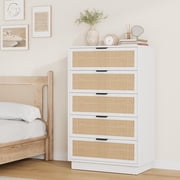 Garvee 5 Drawers Rattan Dresser, Boho Wooden Chest of Drawers w/ Integrated Legs, for Bedroom, Entryway, Closet, White