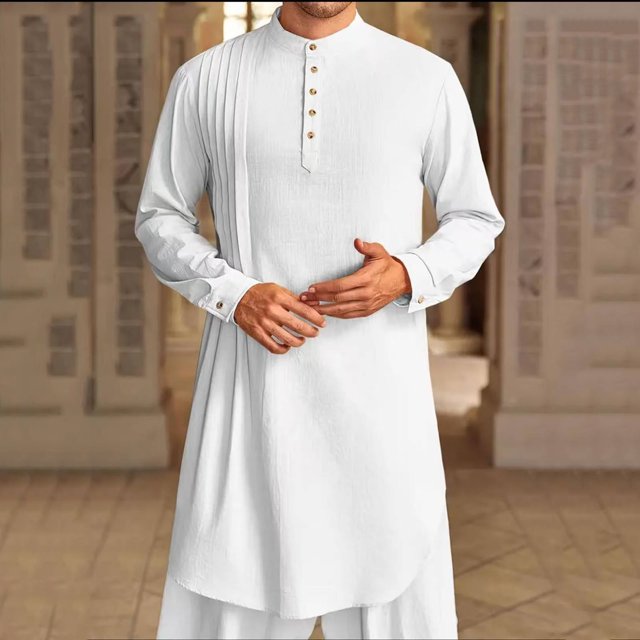 Men's Cotton Muslim Robe Set Arabic Style Long Sleeve Button Front Casual Robe for Daily Wear