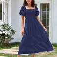 thumbnail image 5 of AherBiu Summer Beach Dress for Women Smocked Square Neck Short Sleeve Tiered Ruffle Flowy Boho Dresses, 5 of 5