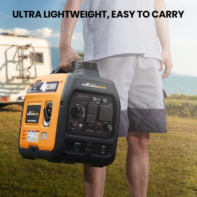 Maxpeedingrods 3500W Power Equipment 3500 Watt Ultralight Portable Inverter Generator with USB Ports Super Quiet Power Station. The image shows a person holding the lightweight MXR3500 generator, weighing 47 lbs, with a bright orange and black design. It includes 2 USB ports, 2 120V 20 Amp outlets, and 1 120V 30 Amp outlet, ideal for camping, RV travel, and outdoor activities. A recreational vehicle in the background highlights its portability and outdoor functionality.
