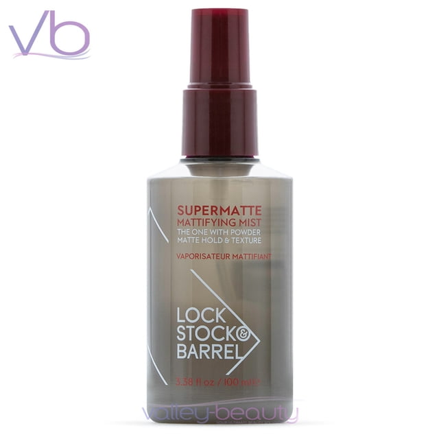 Lock Stock & Barrel Supermatte Beach Spray, 3.38fl.oz. (Pack of 2). A front-facing view of the hair styling spray bottle with a matte finish and red accents on the cap and text. The label highlights its mattifying mist formula for creating beachy texture, light hold, and tousled waves. Suitable for all hair types, vegan-friendly, and cruelty-free.