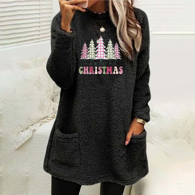 Qertyioot Chandails à Col Rond de Noël pour Femmes, Hauts Blouse à Manches Longues Chauds à Imprimé Ample avec Poche pour l'Hiver et le Rond
