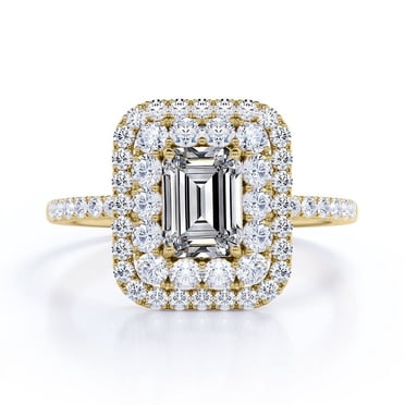 JeenMata 1.5 Carat Emerald Cut Moissanite Engagement Ring - Bridal Ring - Double Halo Ring - Cluster Ring - 18k Yellow Gold Over Silver