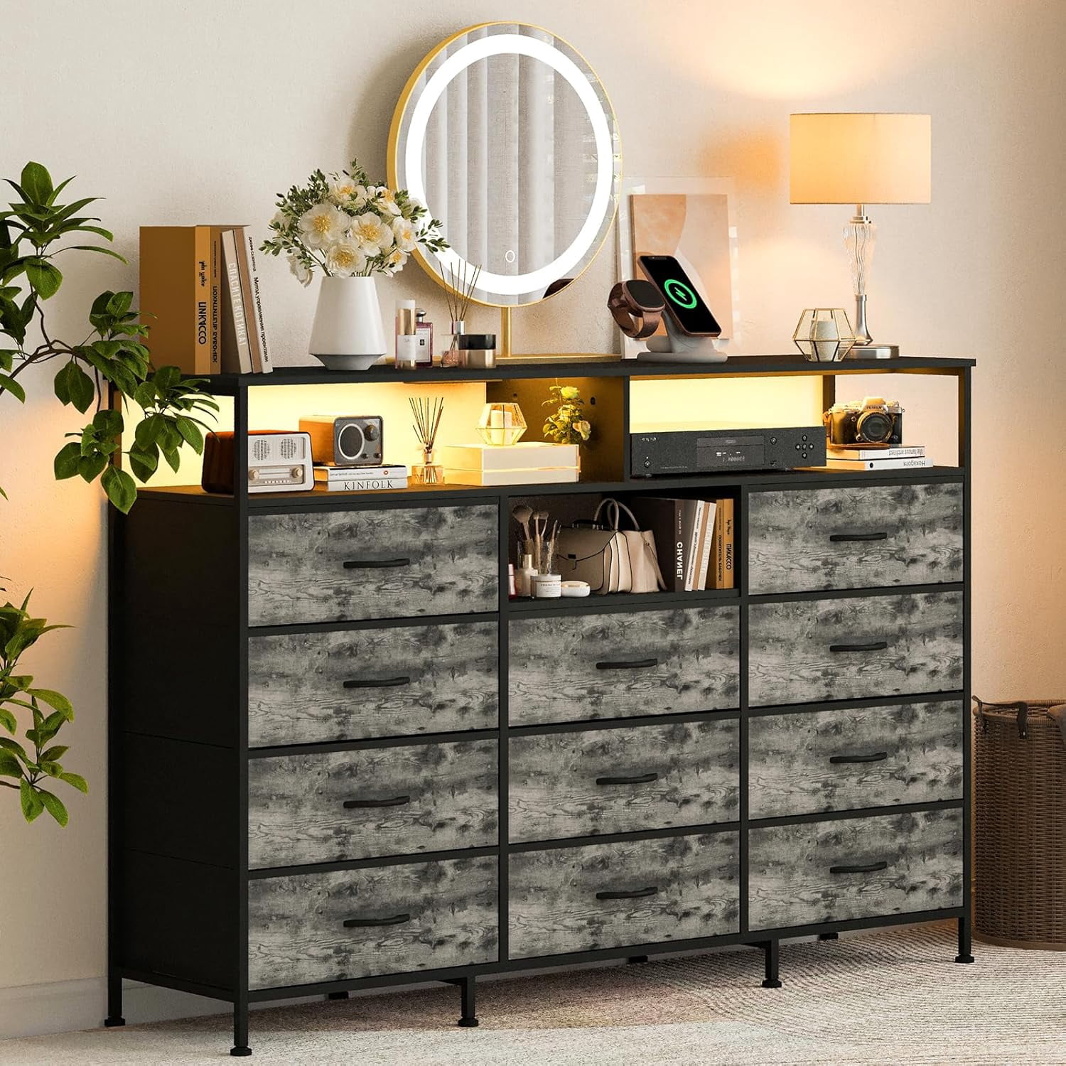 Dresser for Bedroom with 11 Drawers Featuring LED Light and Power Outlet, Fabric Dressers & Chest of Drawers with Open Shelves for Hallway, Living Room, Steel Frame,Wood Top