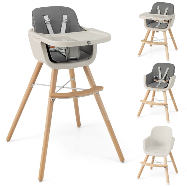 Babyjoy 3 in 1 Convertible Wooden High Chair Toddler Feeding Chair with Cushion in dark grey. Features a BPA-free, adjustable, and removable tray, solid beech legs with X-shaped reinforcement, and a soft PU leather cushion. Includes a 5-point safety harness and anti-slip foot pads for stability. Converts into a low chair for older toddlers. Suitable for ages 6-36 months with a weight capacity of 33 lbs.