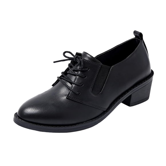 Black Shoes Women, Trendy Casual Leather Loafers with Round Toe and Low-Cut Heel