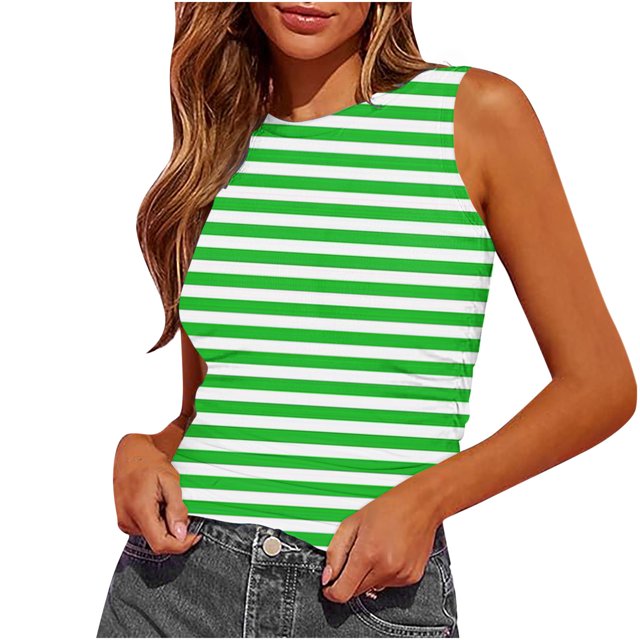 Plebaso Womens Slim Striped Tank Tops Sleeveless Crewneck Ruched Blouses Summer Casual Basic Tee Tops