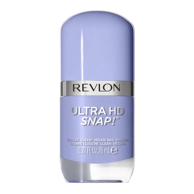 Revlon Ultra HD Snap Vegan Glossy Nail Polish 8mL in light purple with a rounded cap and silver band featuring the Revlon logo, designed for quick-drying, one-coat full coverage and an ergonomic flat brush for smooth, streak-free application, ideal for at-home manicures.