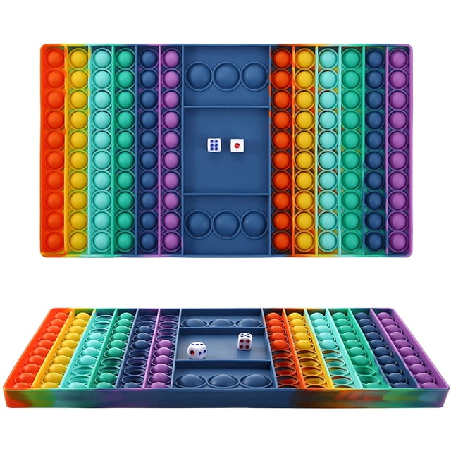 Roofei Big Pop Game Fidgets Toys Set featuring a rainbow-colored chess board design with rows of poppable bubbles and two dice in the center. Made of high-quality silicone, this 12.5x7.4x0.6-inch fidget toy is suitable for stress relief, parent-child games, and brain training. The board has a reversible design with gentle and crisp popping sounds, making it ideal for interactive play. Lightweight and portable, it can also be used as a coaster or pet frisbee. Perfect for kids and adults, this versatile toy is a great gift for birthdays, holidays, and special occasions.