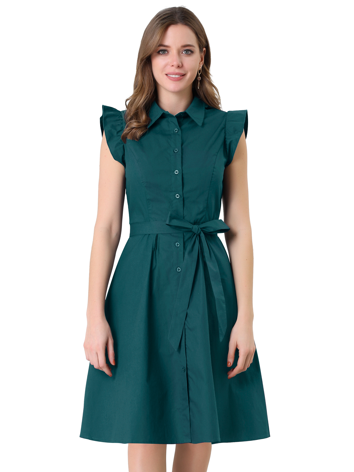 INSPIRE CHIC Robe-Chemise en Coton pour Femme à Manches Volantées Robe-Chemise de Travail avec Ceinture