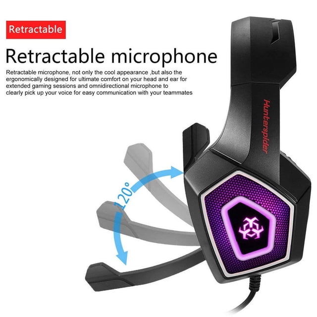 Hunterspider V1 Stereo Bass Surround Gaming Headset for PS4, New Xbox One, and PC with a retractable microphone. The headset features a black design with purple LED lighting on the earcup and a 120-degree adjustable microphone for clear communication. Suitable for gaming on PlayStation 4, Xbox, and PC.