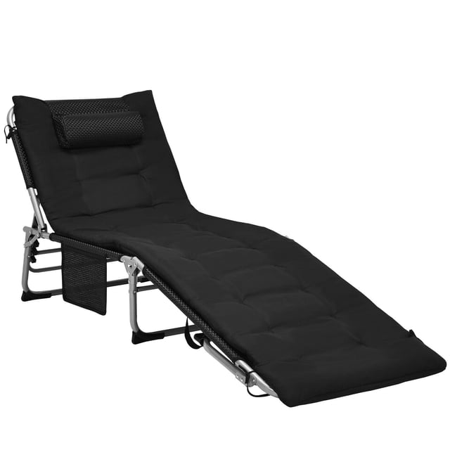 Topbuy Patiojoy 4-Level Oversize Folding Chaise Lounge in black with breathable fabric and anti-slip footpads. Features a foldable design, adjustable backrest with 4 reclining positions, a comfortable neck pillow, and a side pocket for storage. Suitable for outdoor use in gardens, beaches, or poolside. Made of steel, fabric, and sponge, it measures 74.5 inches in length, 12 inches in height, and 27 inches in width when open, with a weight capacity of 330 lbs.