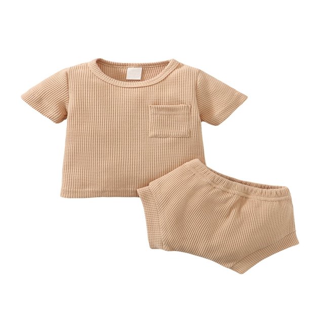 Baby Solid Color Clothes Set Short Sleeve O-neck T-shirt with Pocket + Short Pants for Summer
