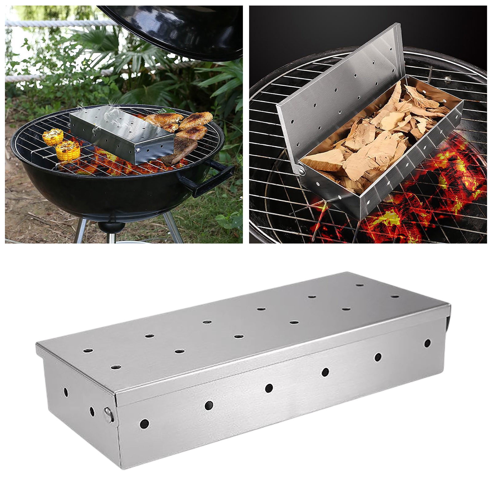 Stainless Steel Outdoor BBQ Grill with Hinged Lid and Wood Chip Accessory for Flavor Infusion Durable Nonstick Cooking Utensil Set for Outdoor Cooking