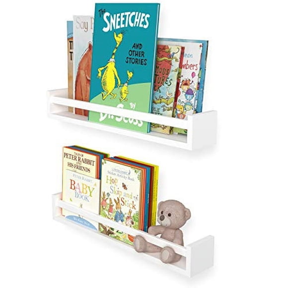 Wallniture Utah 24" White Kids Bookshelf for Room Decor, Wall Mounted Wood Floating Shelves Set of 2