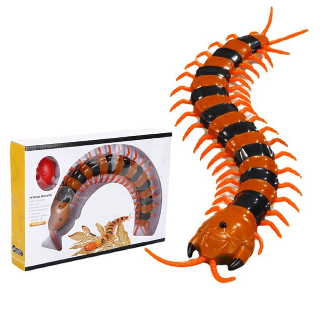 IROINID Education Toys, a realistic remote control scolopendra toy with orange and black striped body, multiple legs, and red antennae. The toy is shown alongside its packaging, which features an image of the centipede and product details. Designed for kids aged 3 and up, it includes features like crawling, turning, flashing eyes, and a rattling tail. The package includes the RC scolopendra, an infrared remote controller, and a charging cable.