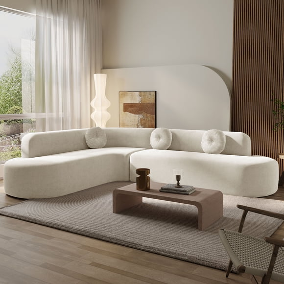 Noble House 122'' Extra Large Sectional Sofa Soft Fabric Upholstery, Elegant Curved Design,Beige