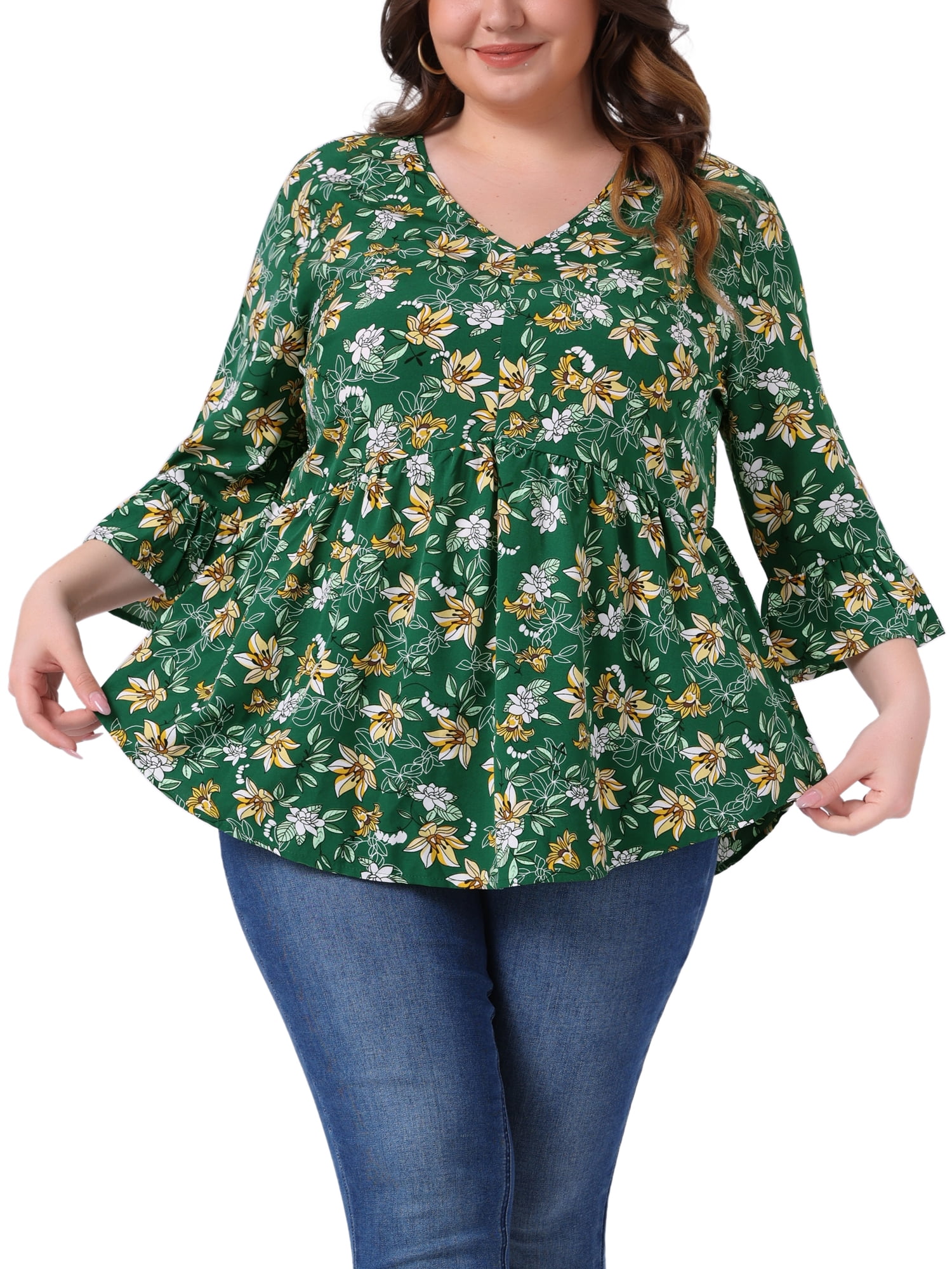 Agnes Orinda Women's Plus Size Floral Blouses V Neck Ruffle 3/4 Sleeves Babydoll Peplum Tops 3X Green