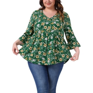 Agnes Orinda Women's Plus Size Floral Blouses V Neck Ruffle 3/4 Sleeves Babydoll Peplum Tops 2X Green